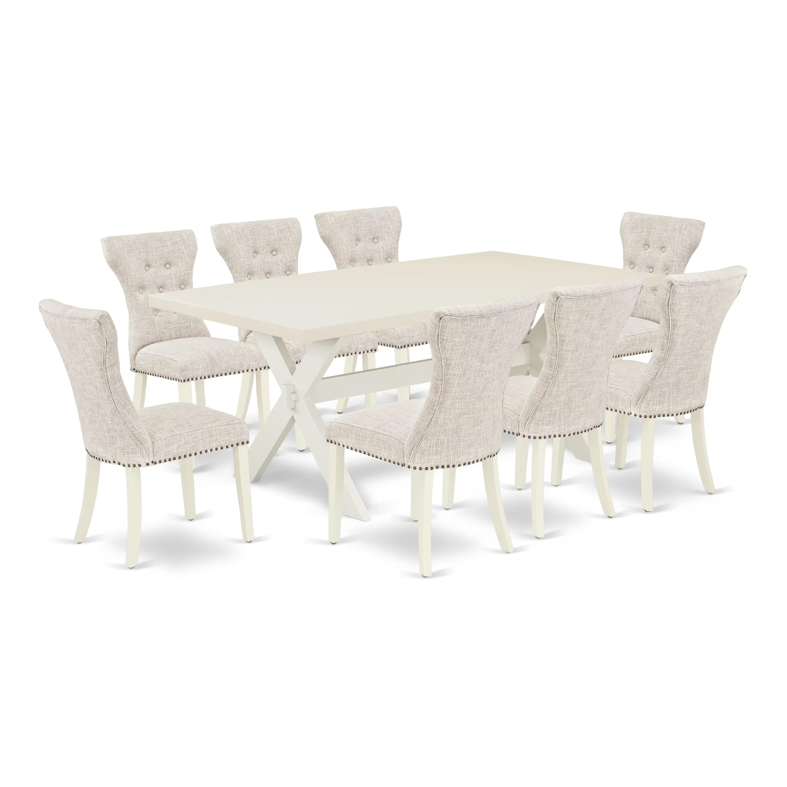 East West Furniture X027Ga235-9 9 Piece Dining Set Includes A Rectangle Dining Room Table With X-Legs And 8 Doeskin Linen Fabric Upholstered Parson Chairs, 40X72 Inch, Multi-Color